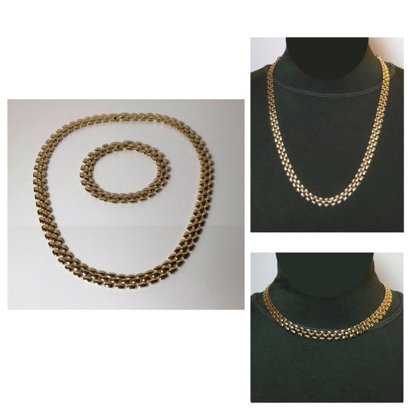 Gold Tone Panther Link / Brick Link Chain Necklace & Bracelet Set - Picture 1 of 9